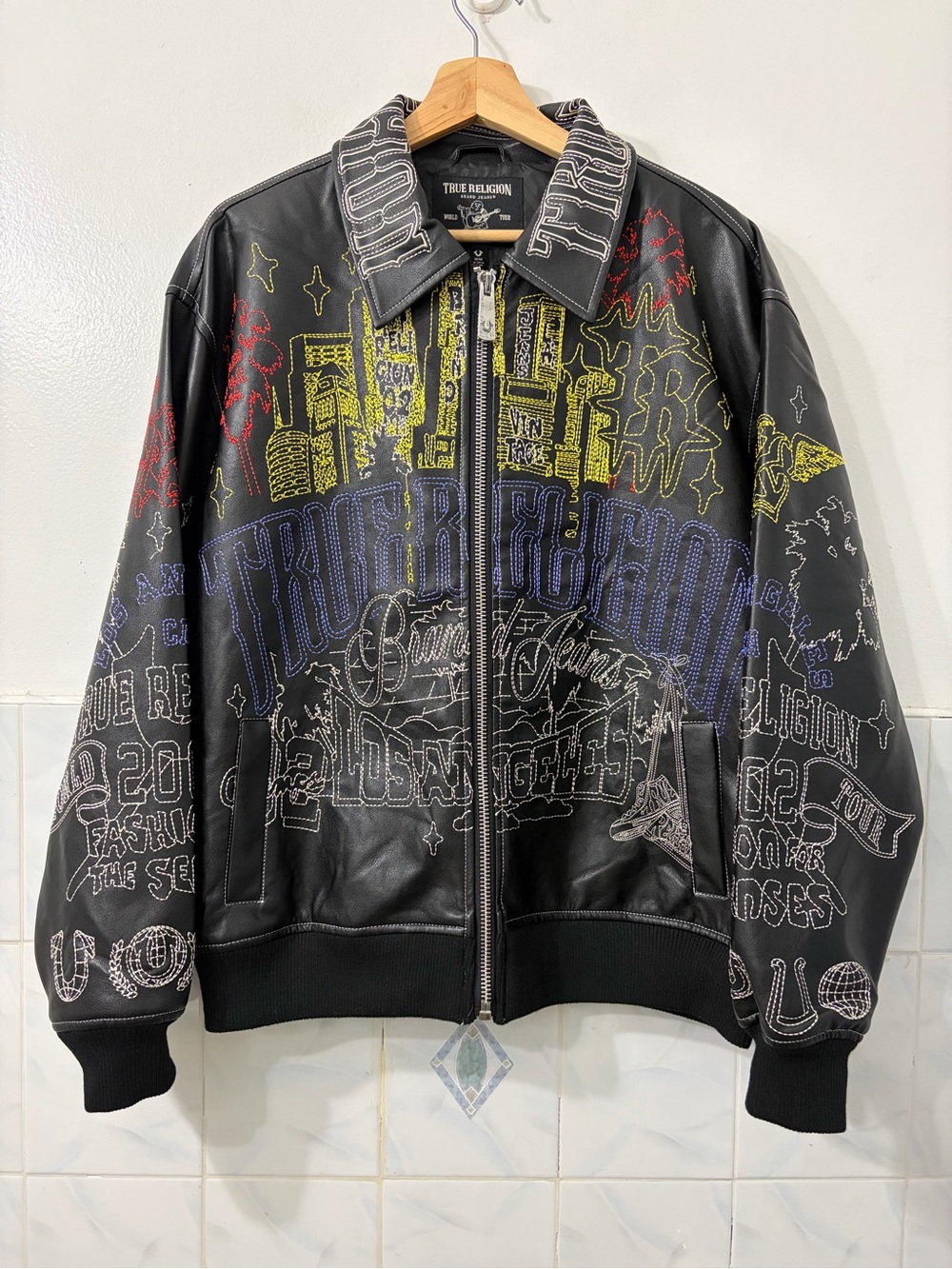 True Religion Women Embroidered Faux Leather Oversized Bomber Jacket Y2K Grunge